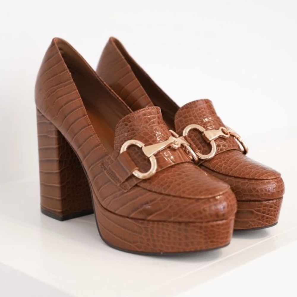 Tan Croc Embossed High Heel Platform Penny Loafer